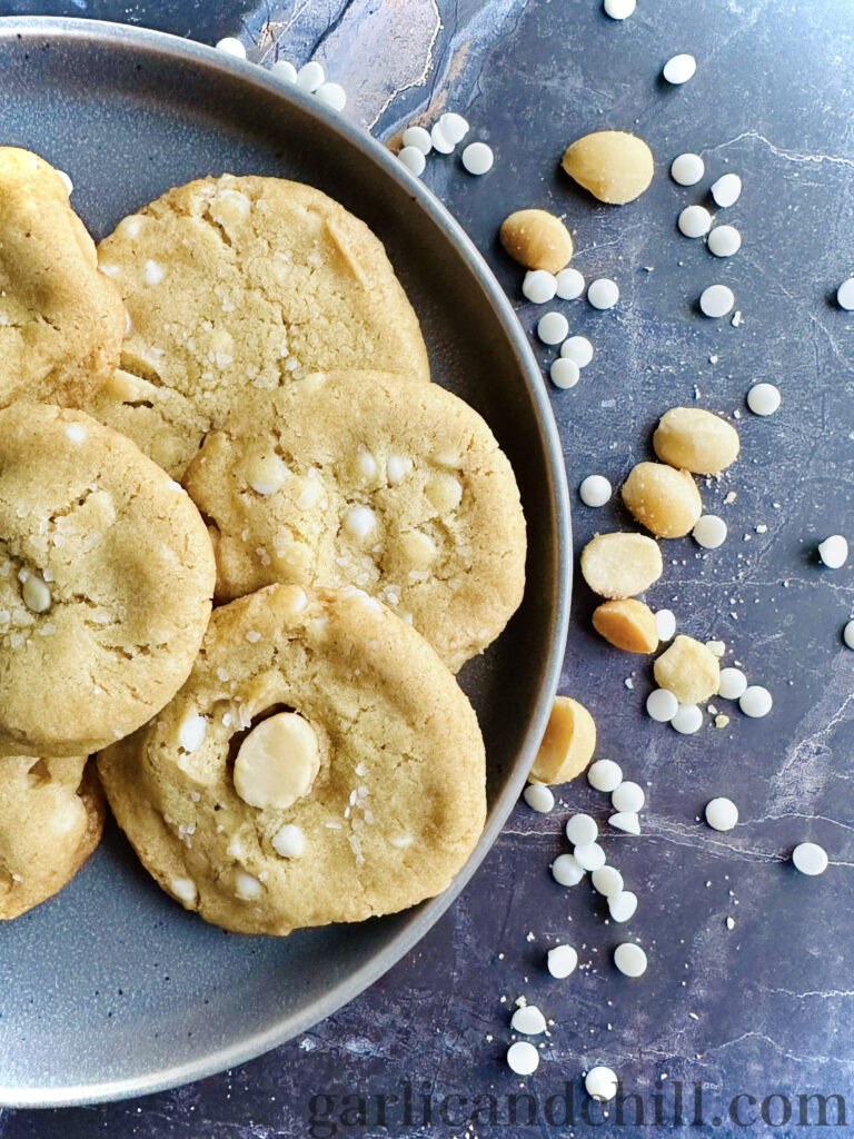 Vegan Salted White Chocolate Macadamia Cookies on a plate