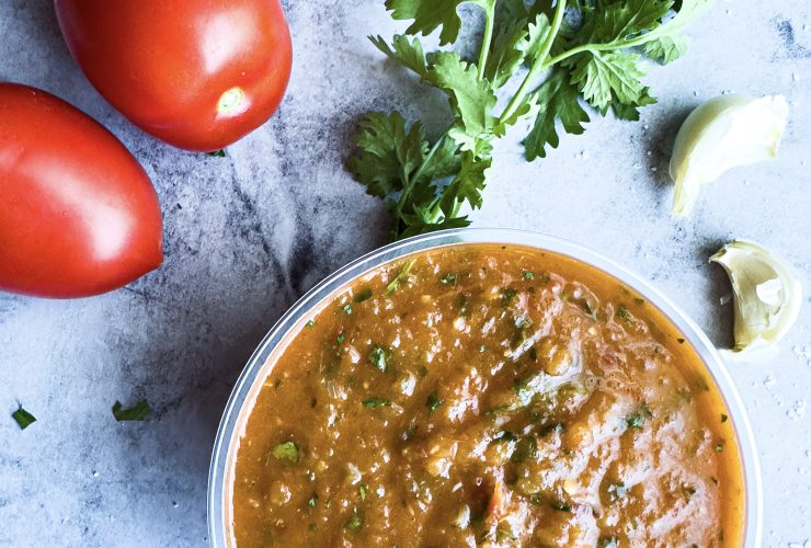 Vegan Tangy 'n' Smoky Chipotle Lime Salsa in bowl with veggies