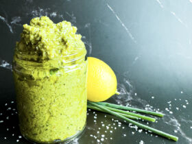 Vegan Preserved Lemon Pesto in Jar with Lemon and Chives