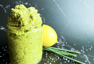 Vegan Preserved Lemon Pesto in Jar with Lemon and Chives