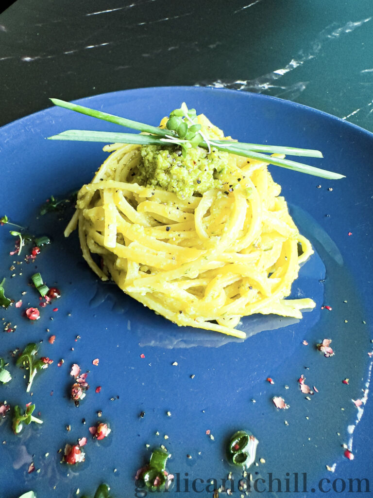 Vegan Preserved-Lemon Pesto Pasta on a plate