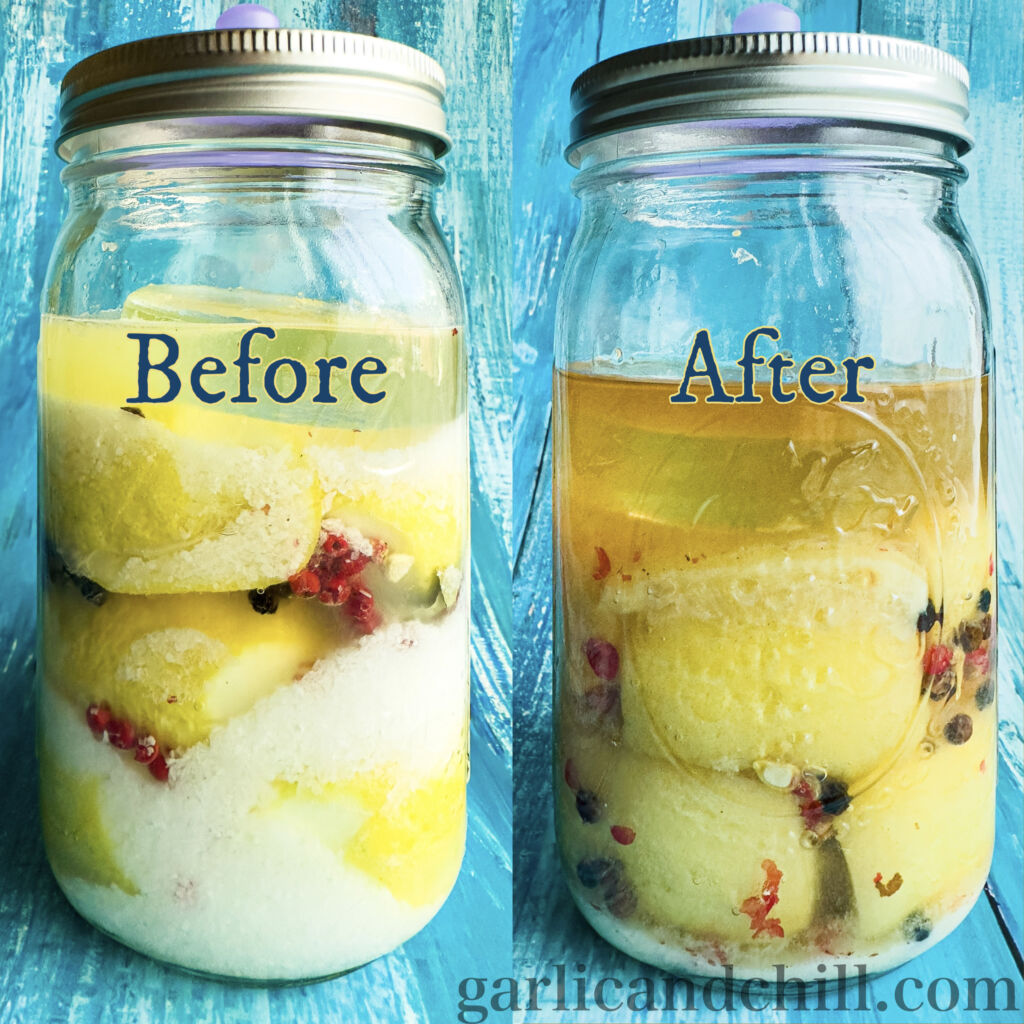 Preserved Lemons in Jar; Before, and After 5 Weeks