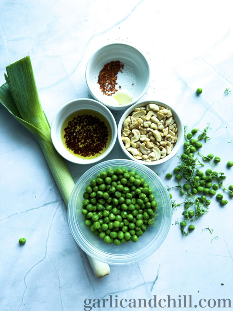 Vegan Fresh Pea Shoot Soup ingredients & Bac'n Oil