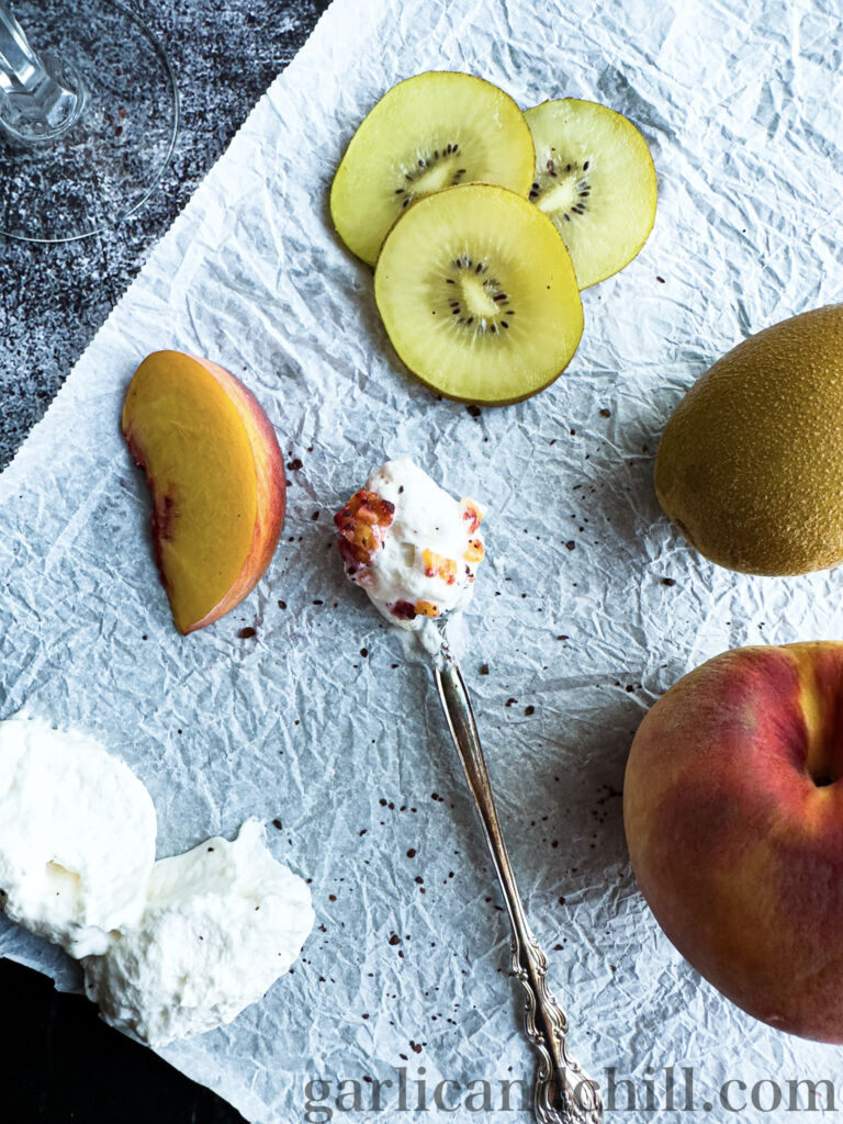 Creamy ‘n’ Tangy Kiwi-Peach Summer Parfait ingredients w/ spoon